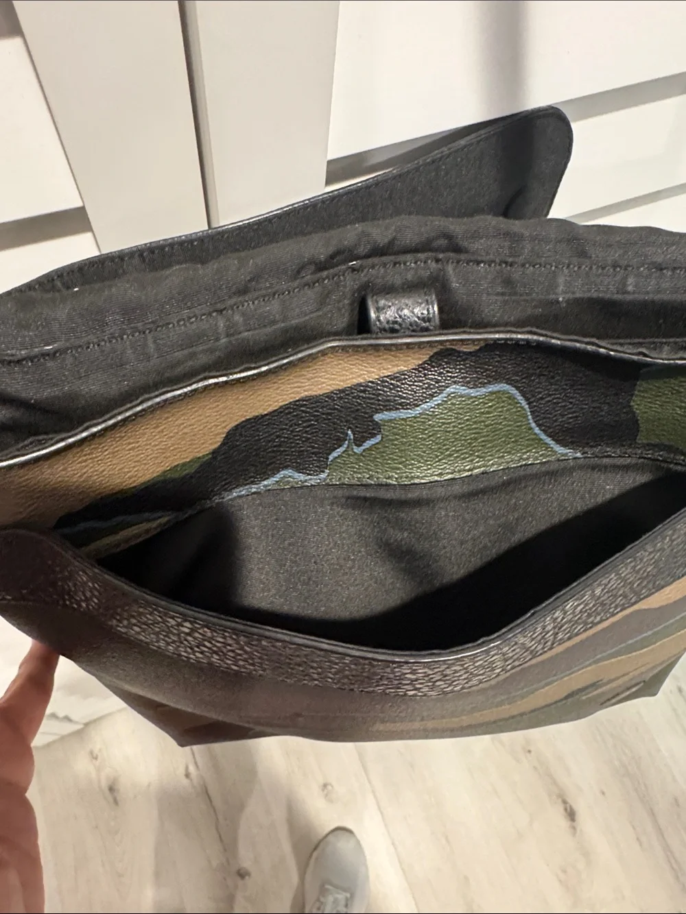 Coach Black Pebbled Leather Messenger Bag with Green Camo Panel